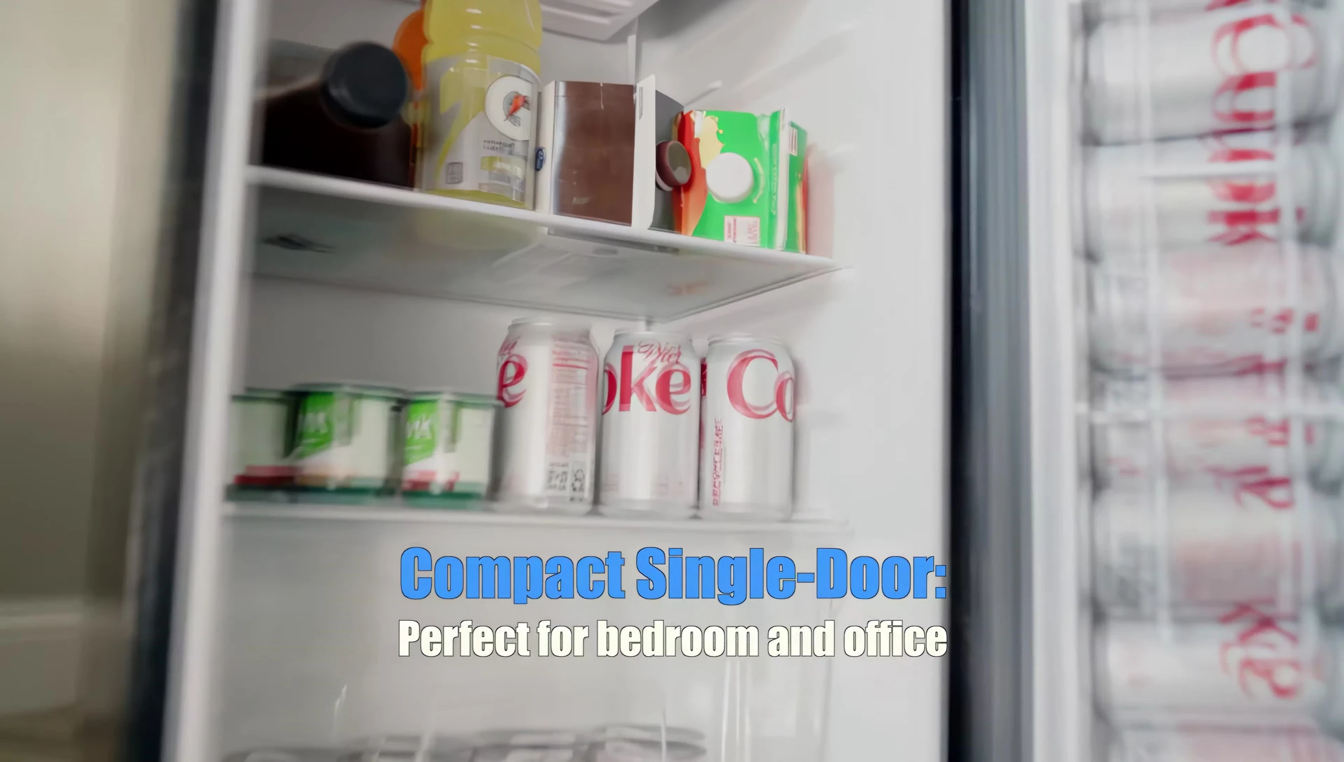Interior view of the Upstem mini fridge, showing the crisper drawer and adjustable shelves.