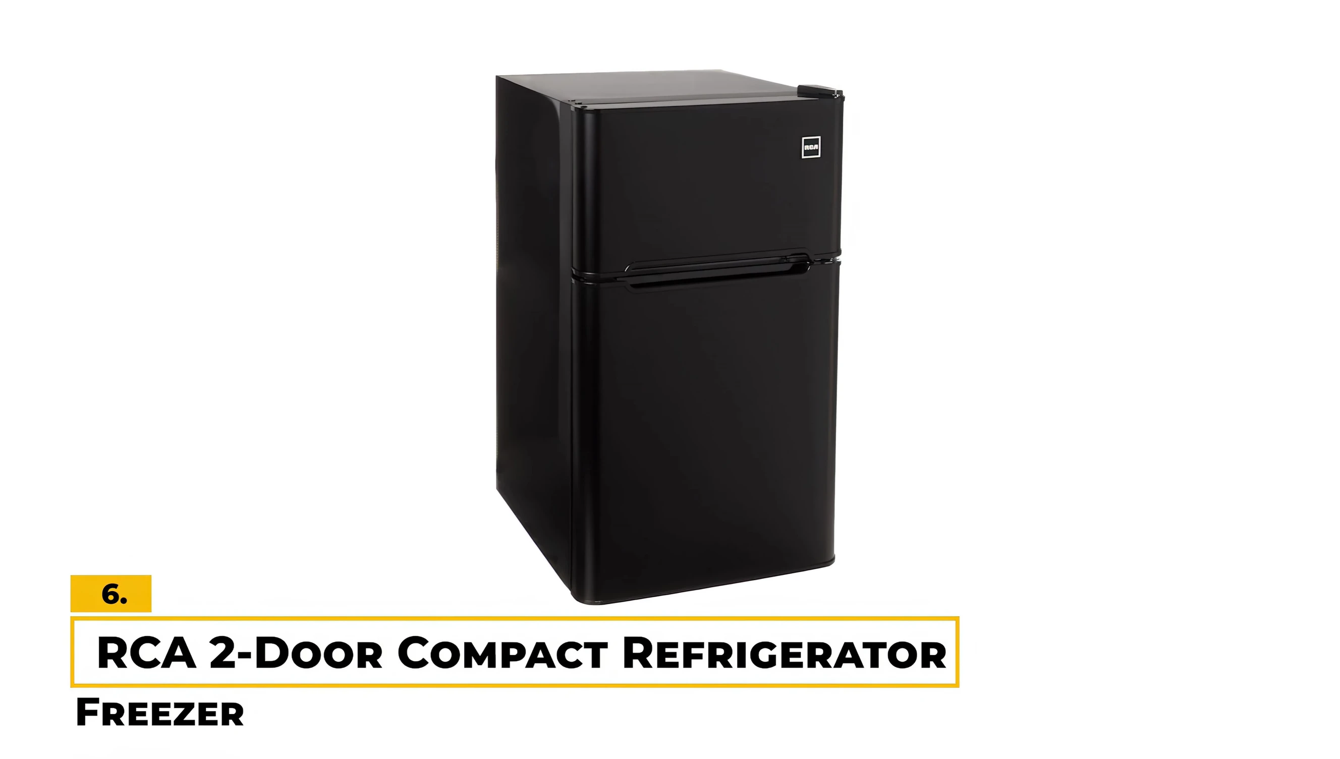 The RCA two-door mini fridge showcasing its dual-door design.