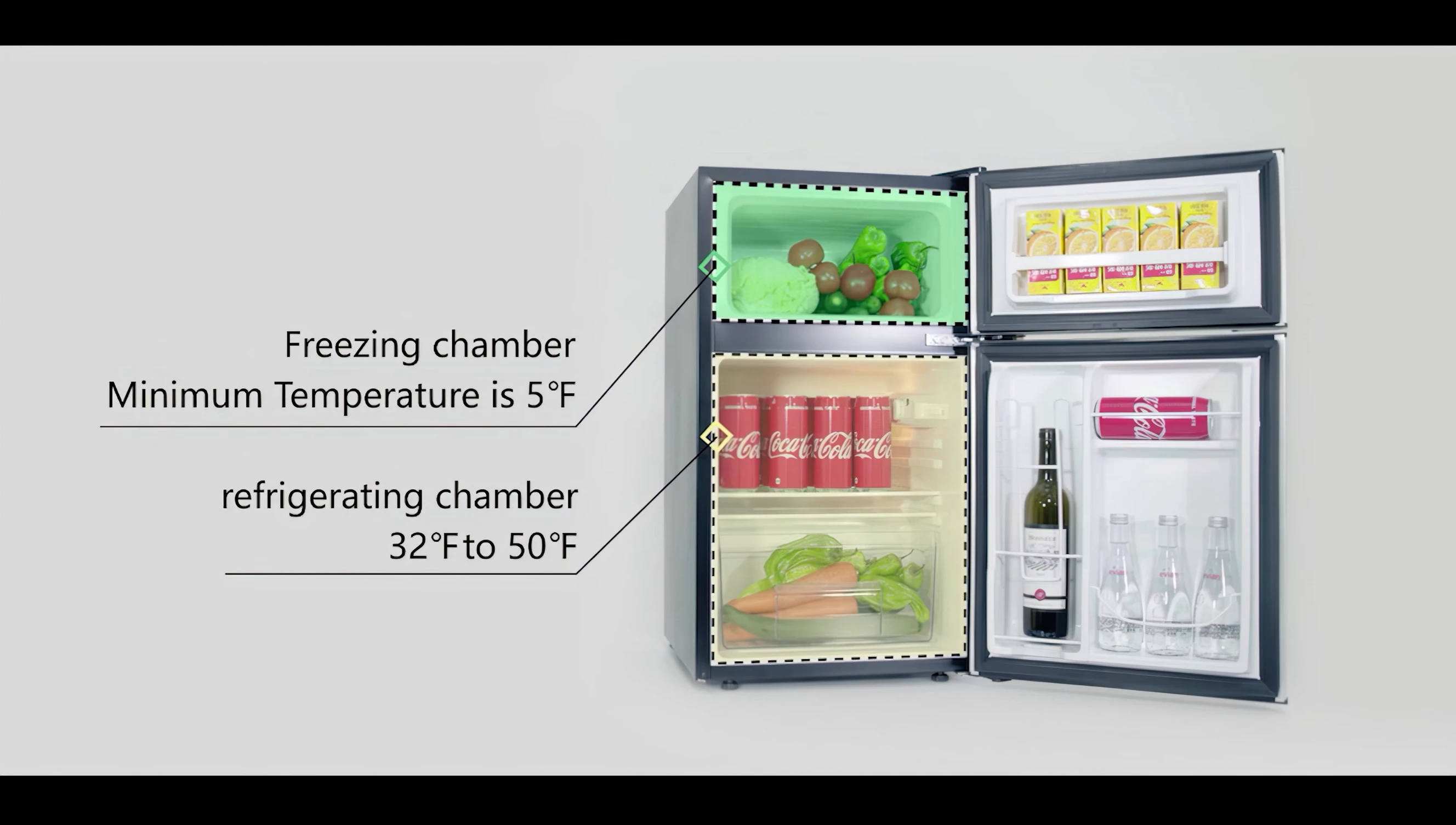Close-up of the Costway mini fridge's freezer compartment.