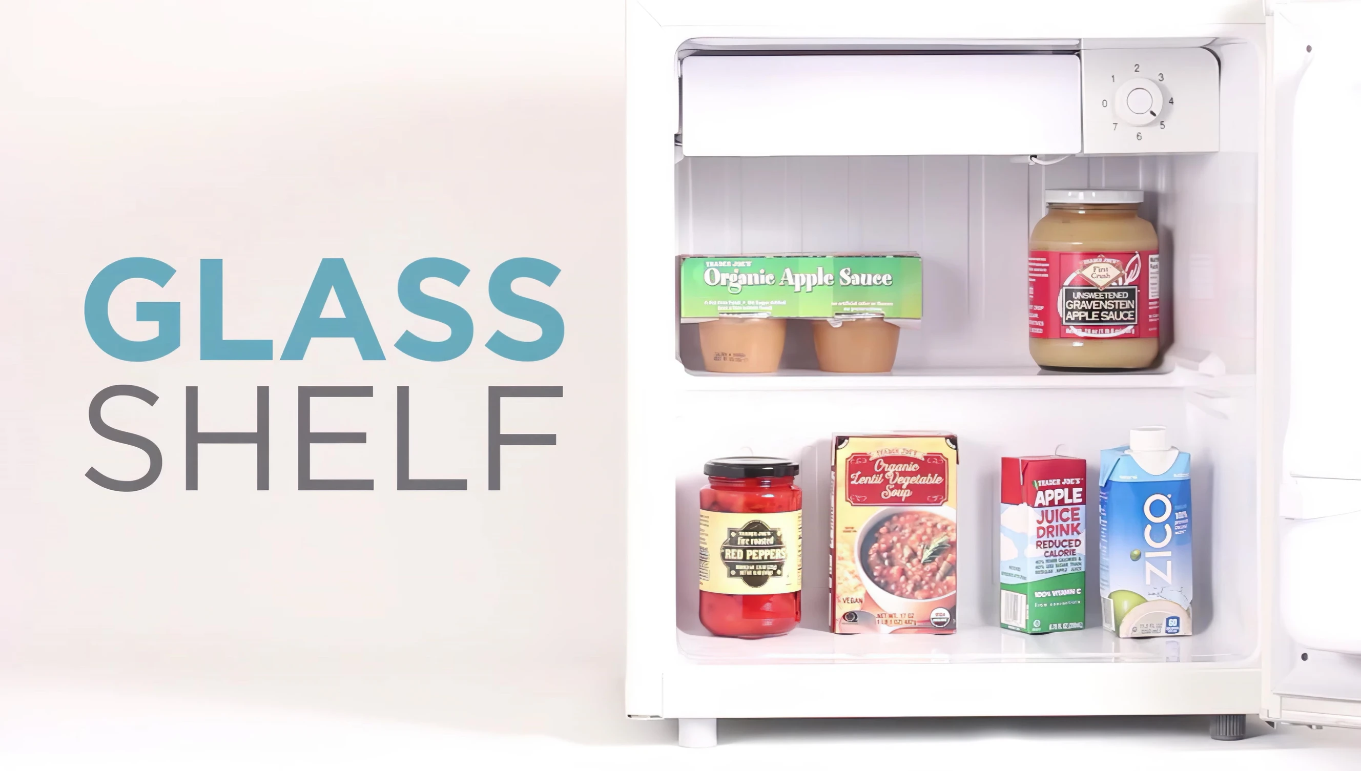 Close-up of the Black & Decker mini fridge's dimensions and interior shelving.