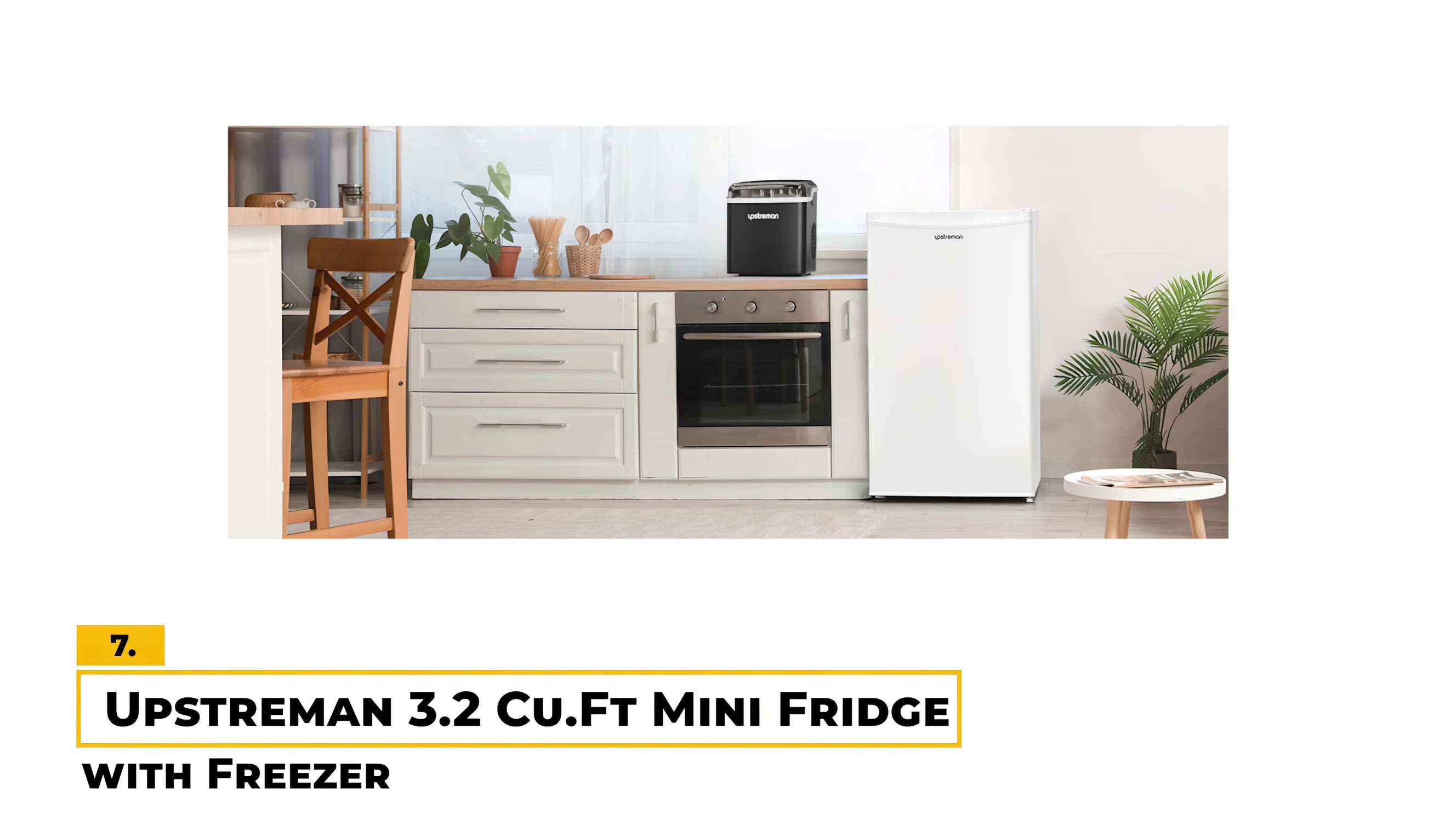 Upstem mini fridge highlighting its compact size and exterior design.