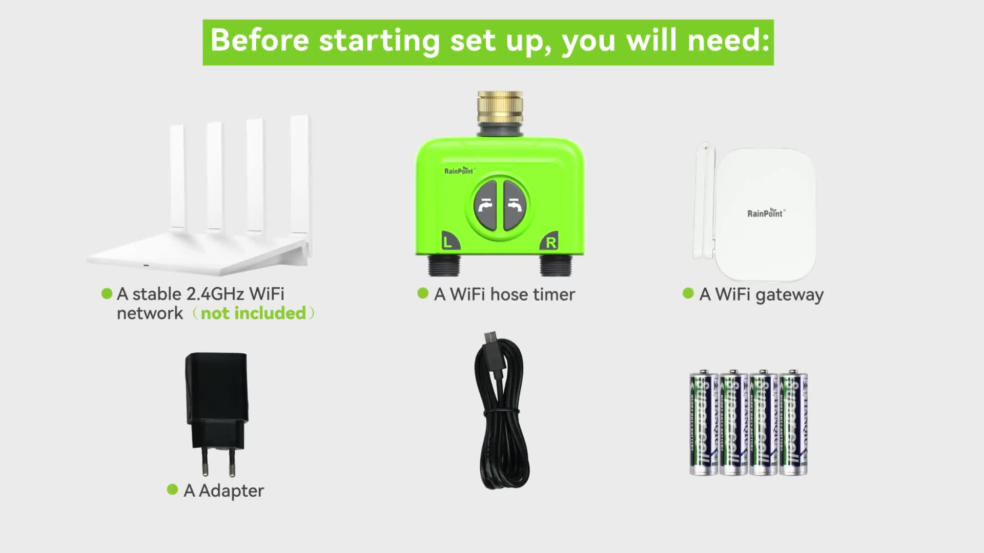 Close-up shot showing the necessary equipment: smartphone, router, Wi-Fi gateway, and water timer.