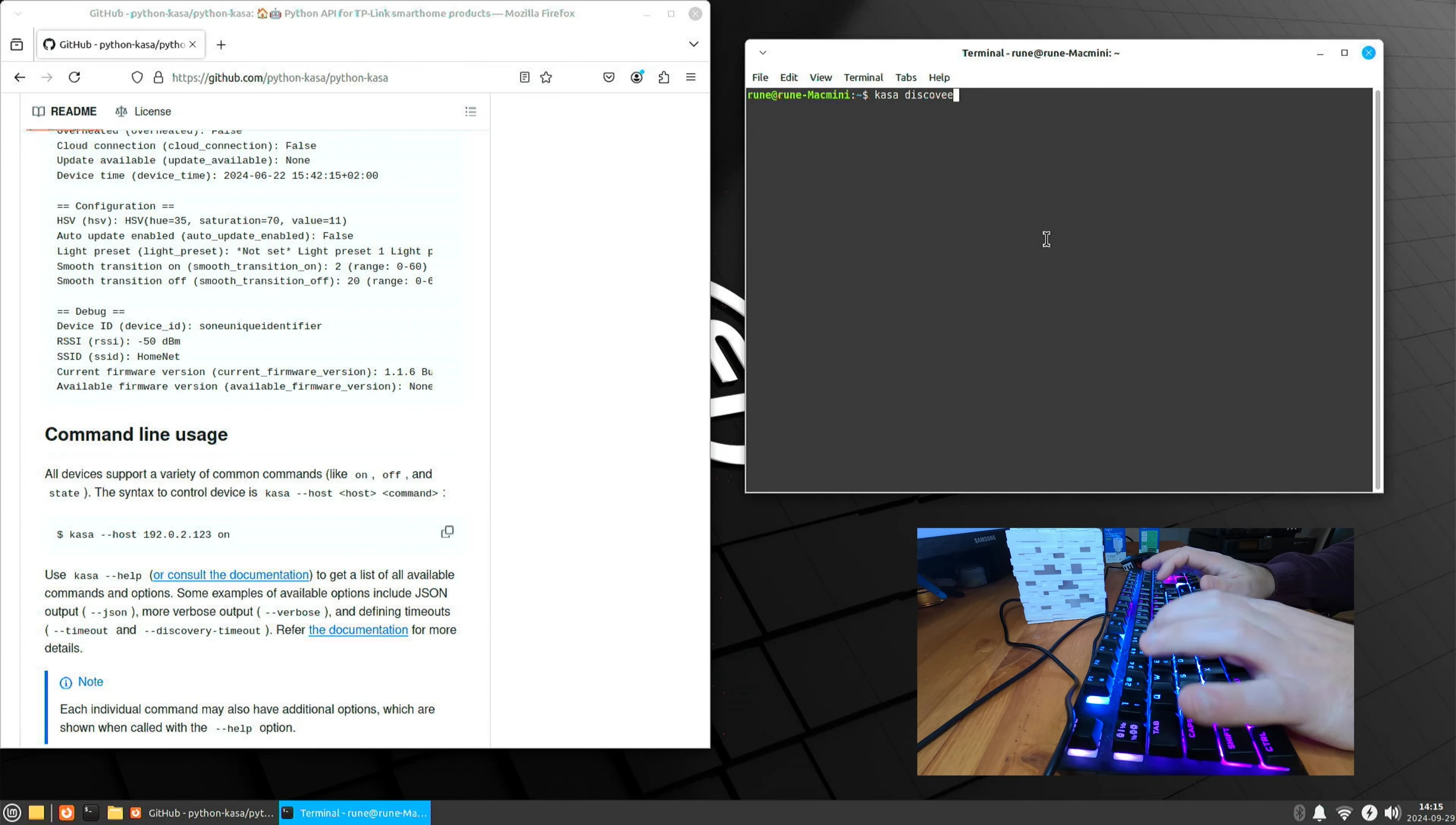 Screenshot displaying the Python script's discovery function, identifying the smart plug's host address.