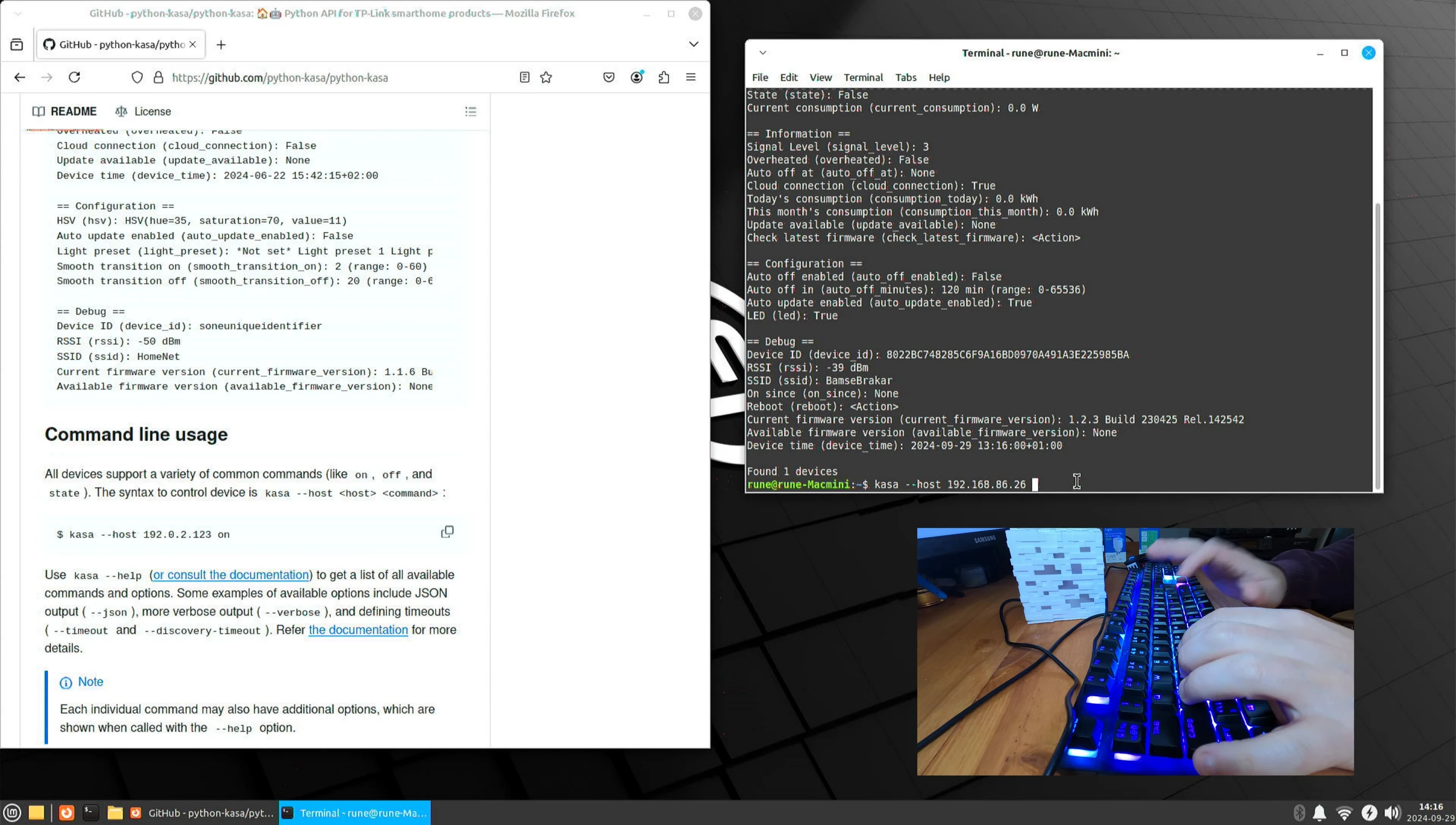 Screenshot showing the Python script executing the command to turn the smart plug on.