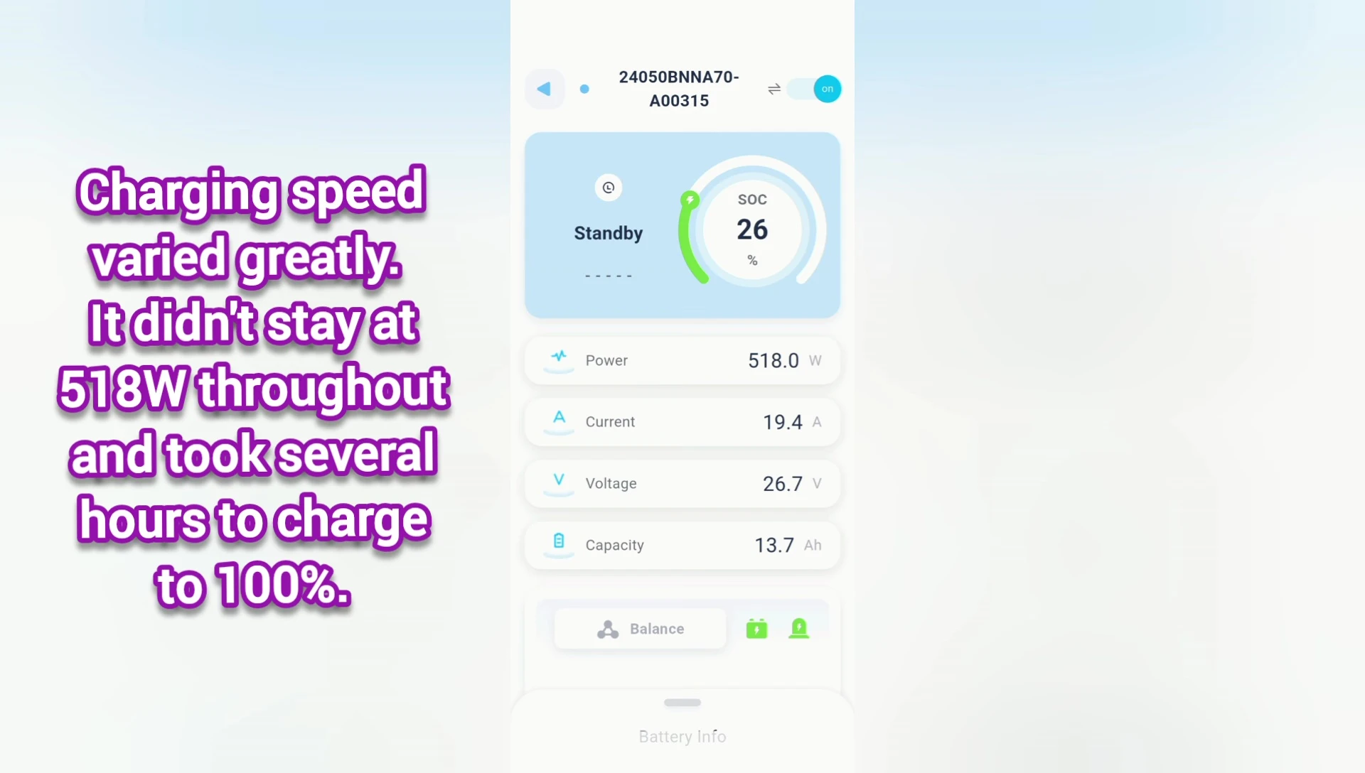 App screen showing charging wattage