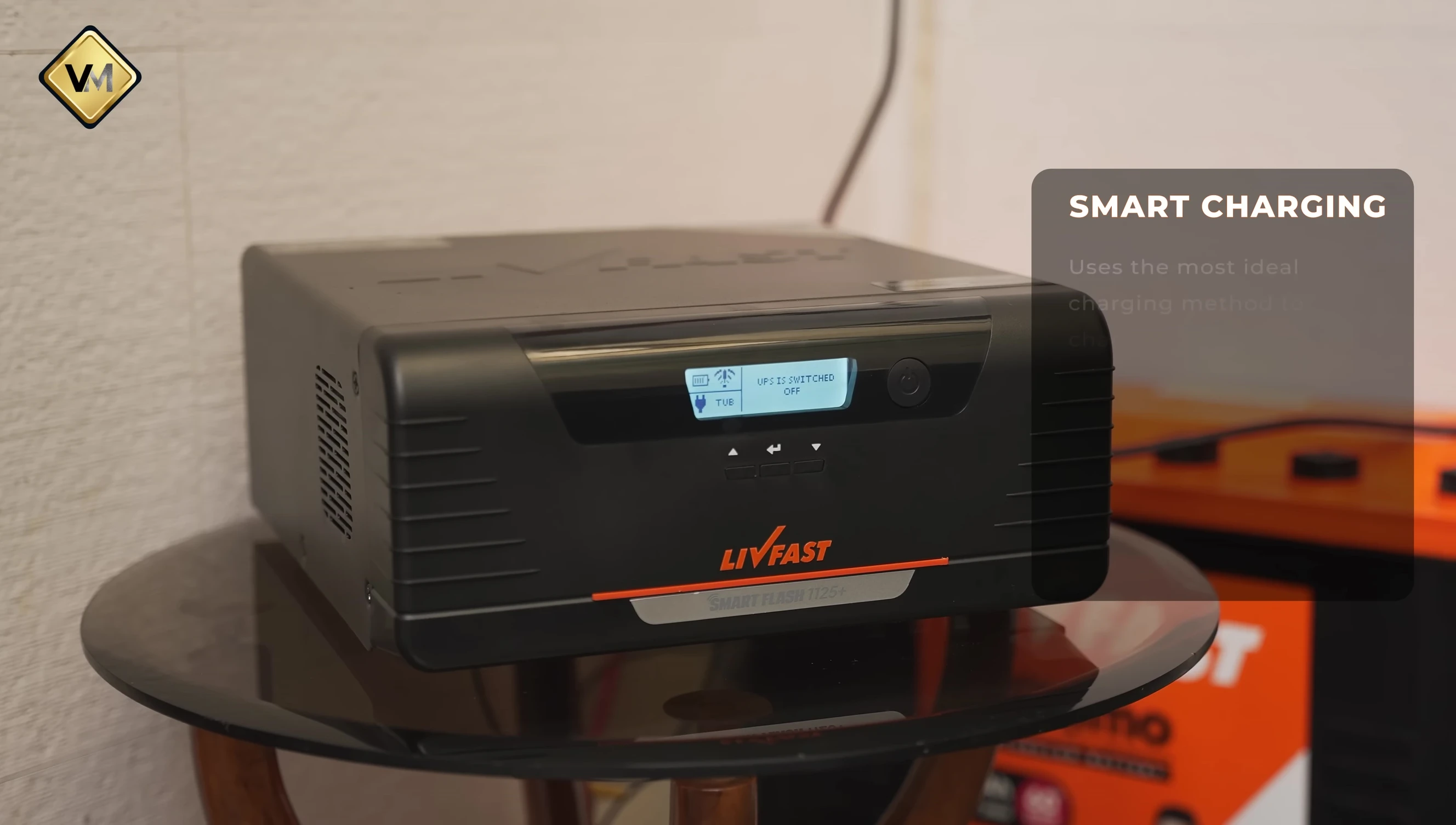Close-up of the inverter's LED display showing battery charging status.