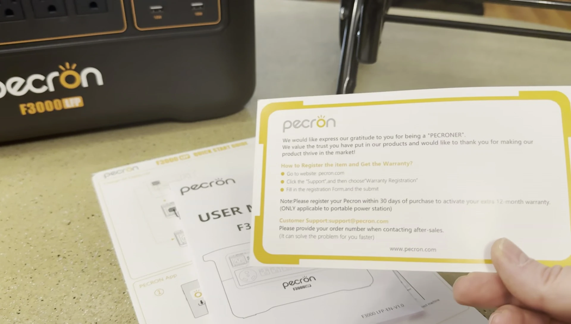 Appreciation card and user manual included with the Pecron F3000 LFP.