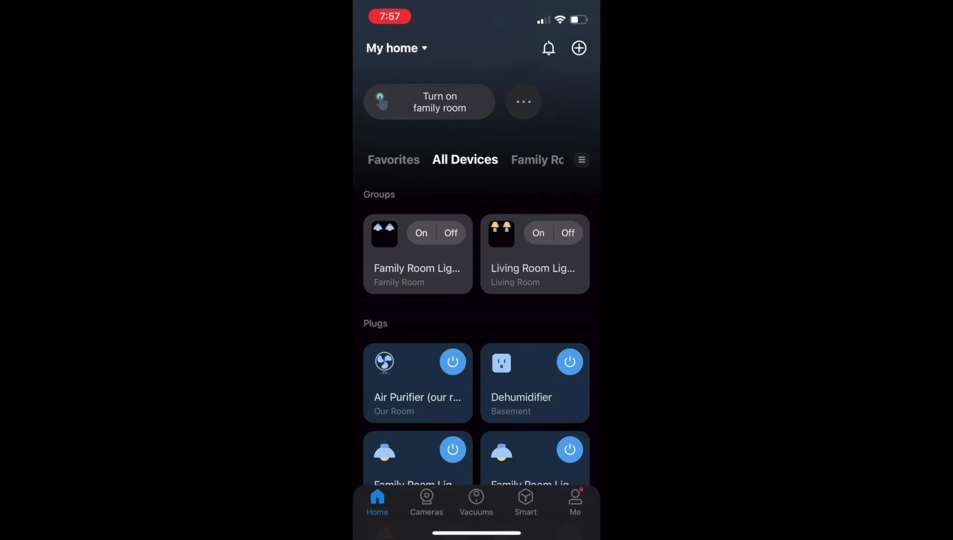Screenshot of the Tapo app showing device groups
