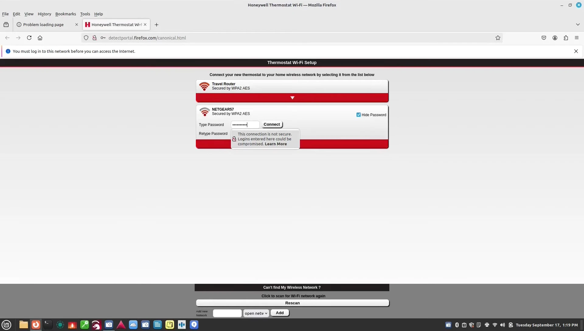 Entering Wi-Fi credentials in the web browser