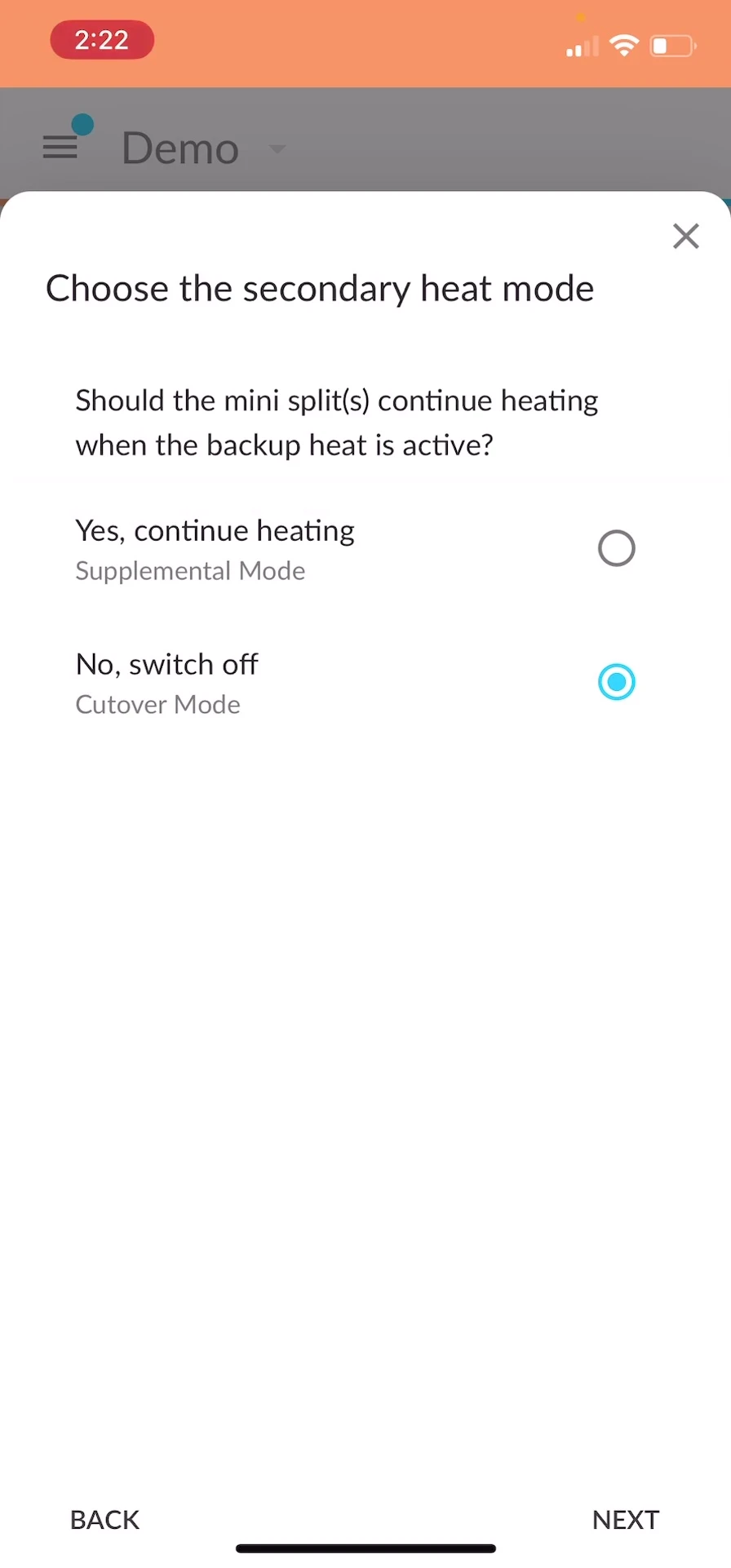 Screenshot illustrating the choice between supplementing or replacing primary heat.