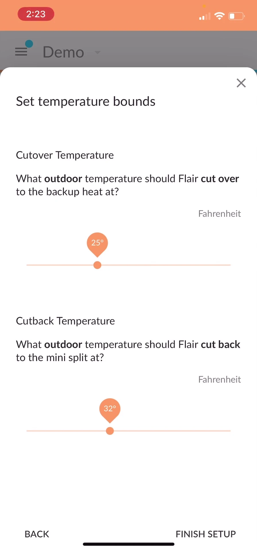 Screenshot showcasing the cut-over and cut-back temperature settings.