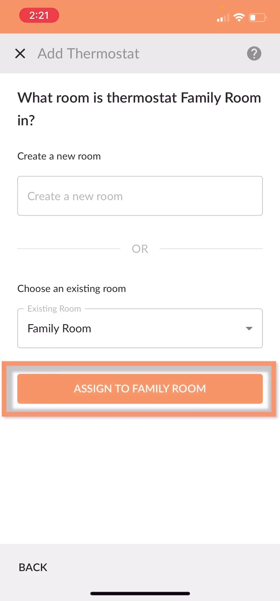 Screenshot of the app screen showing room selection for the thermostat zone.