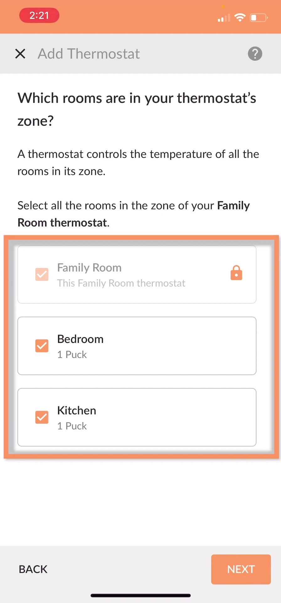 Screenshot highlighting multiple rooms being selected as part of a single thermostat zone.
