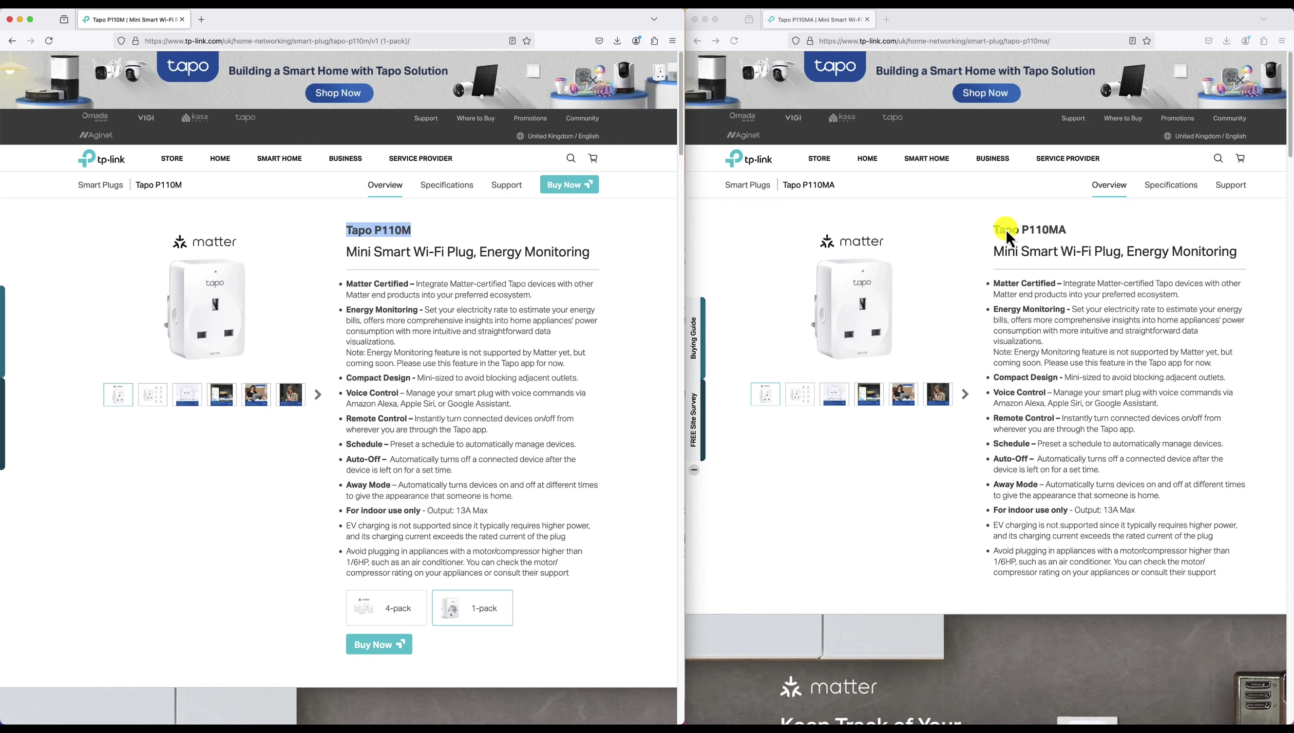 Comparison of Tapo P110MA and Tapo P110M specifications (from website)