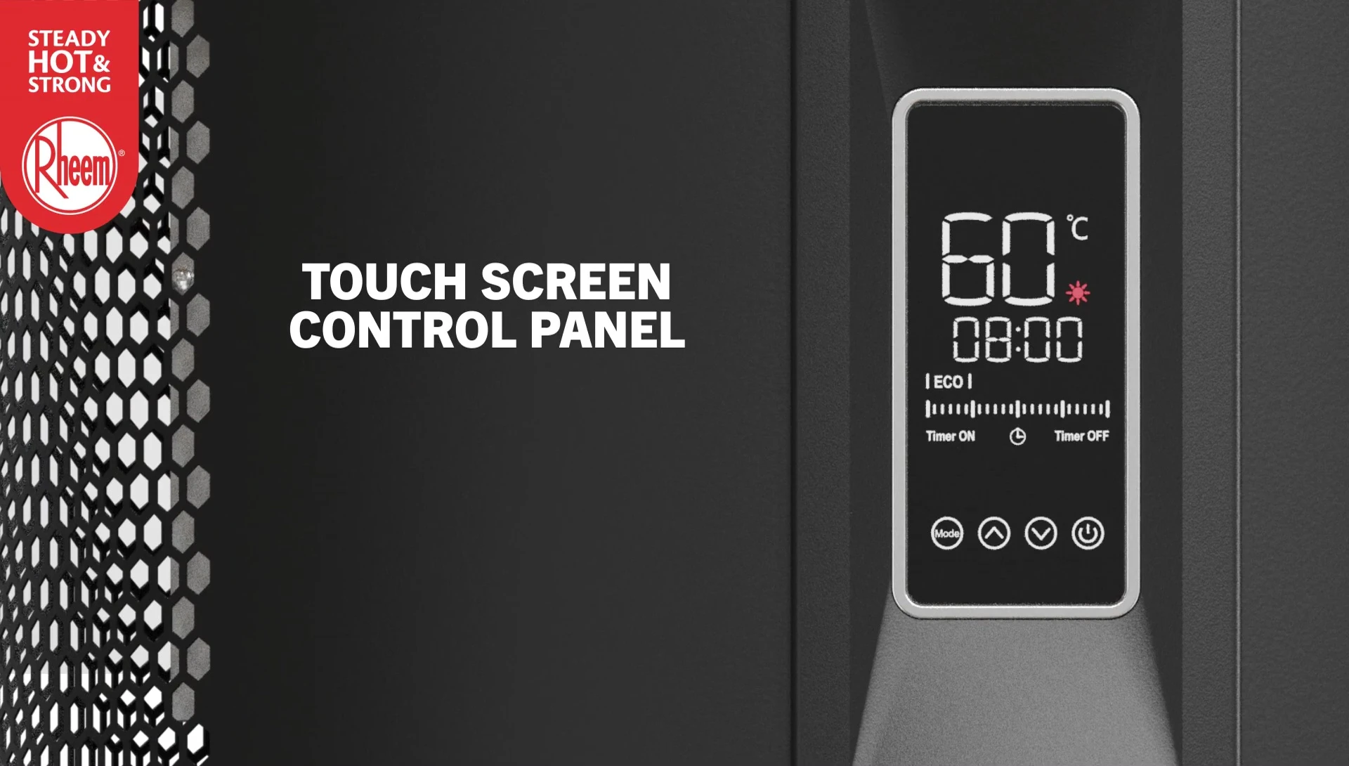 Close-up of the LED touchscreen control panel