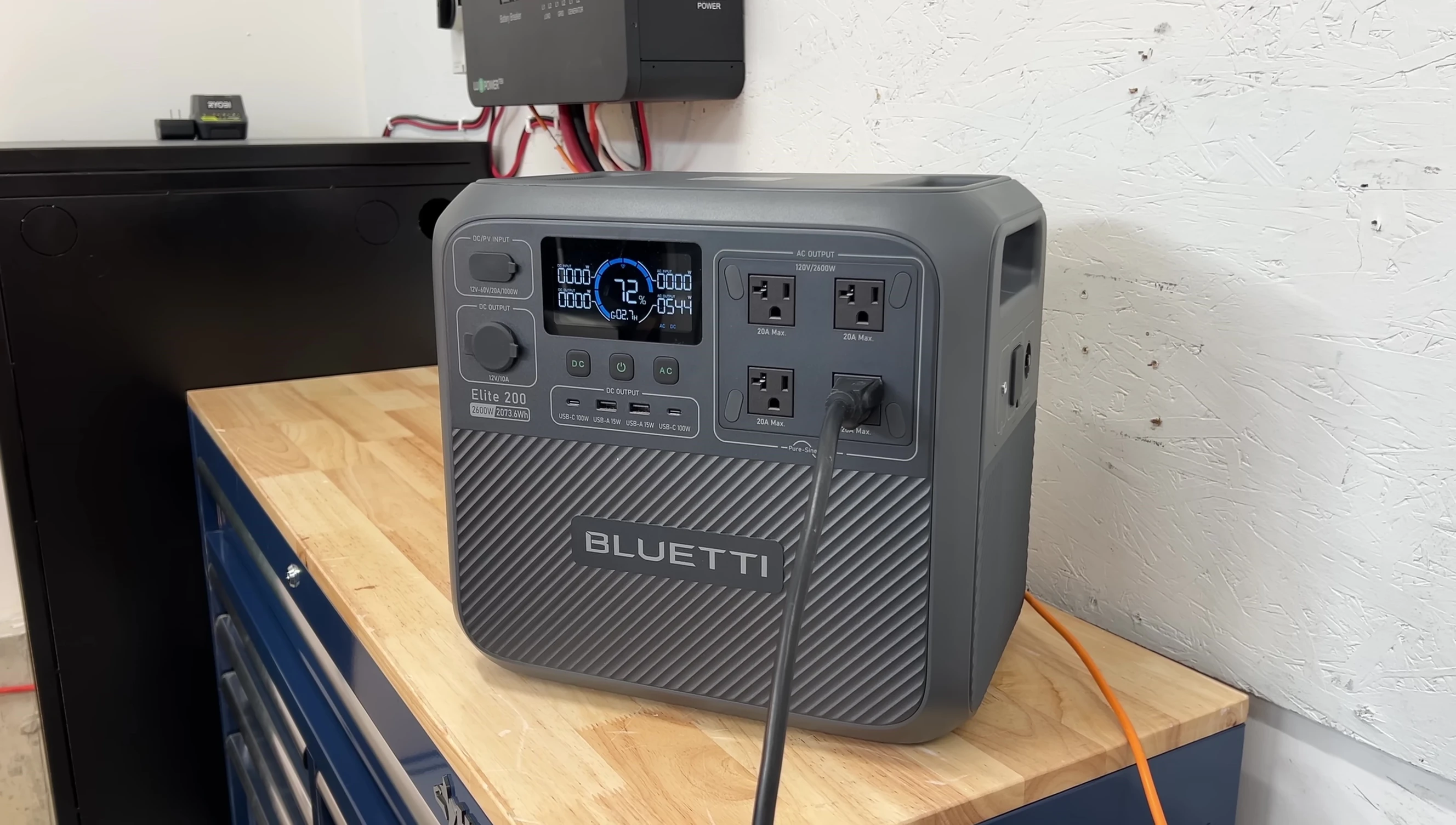 Close-up of the Bluetti Elite 200's front panel, displaying the various ports and outlets.