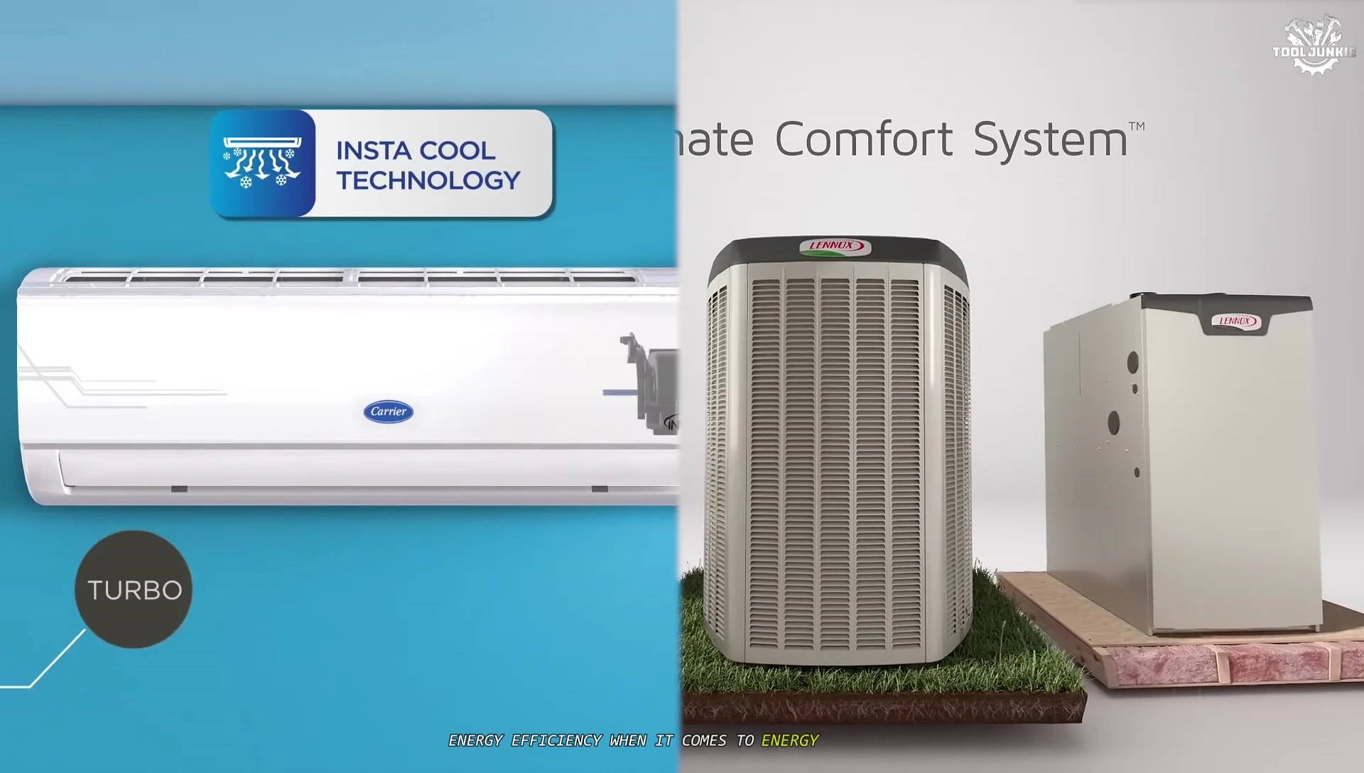 Comparison graphic highlighting SEER ratings of Carrier and Lennox AC units.