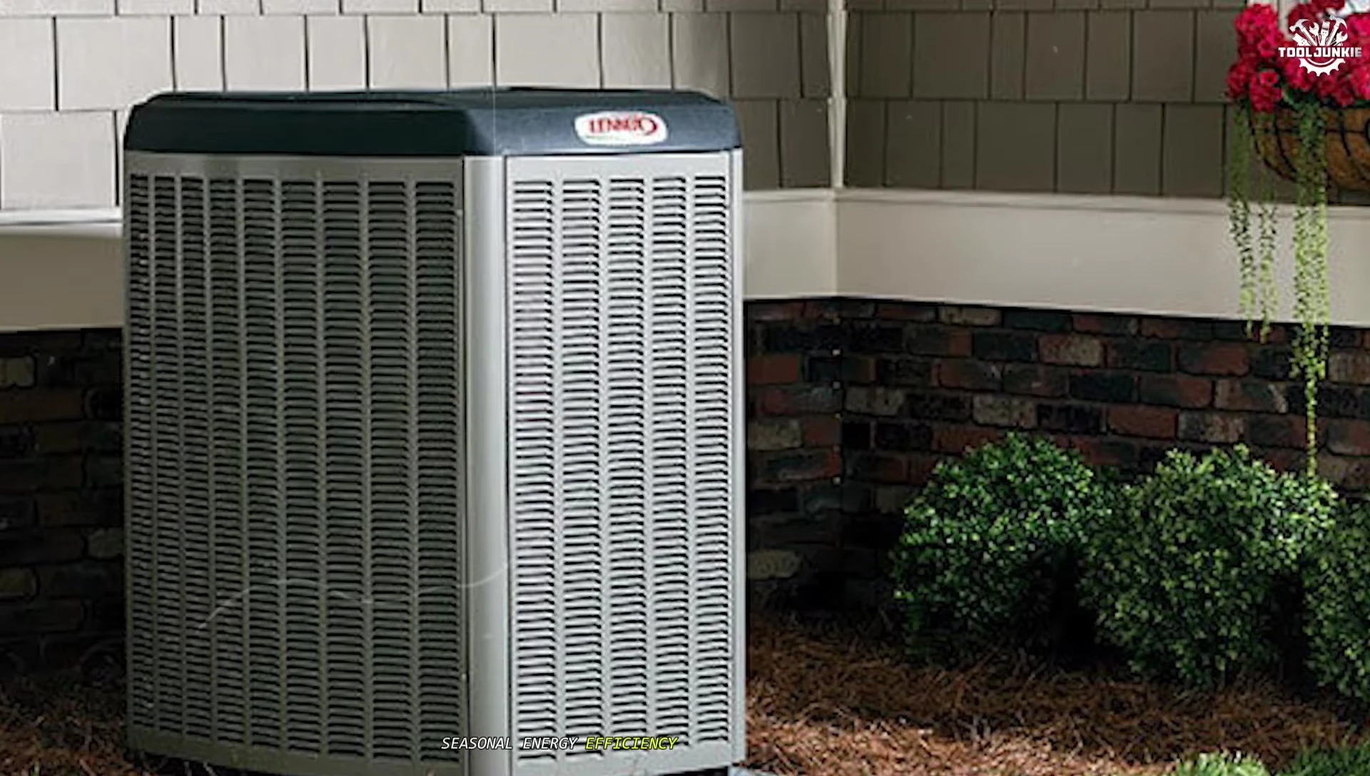 Close-up of a Lennox AC unit highlighting its high SEER rating.