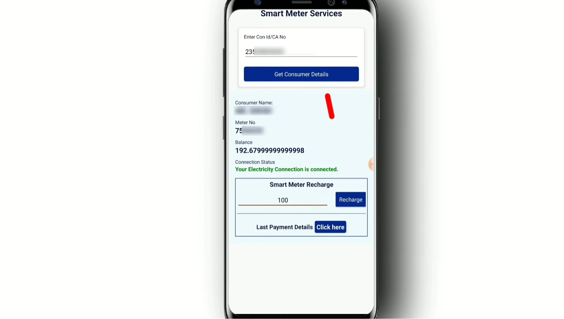 Screenshot showing the recharge amount input field and the 'Make Payment' button