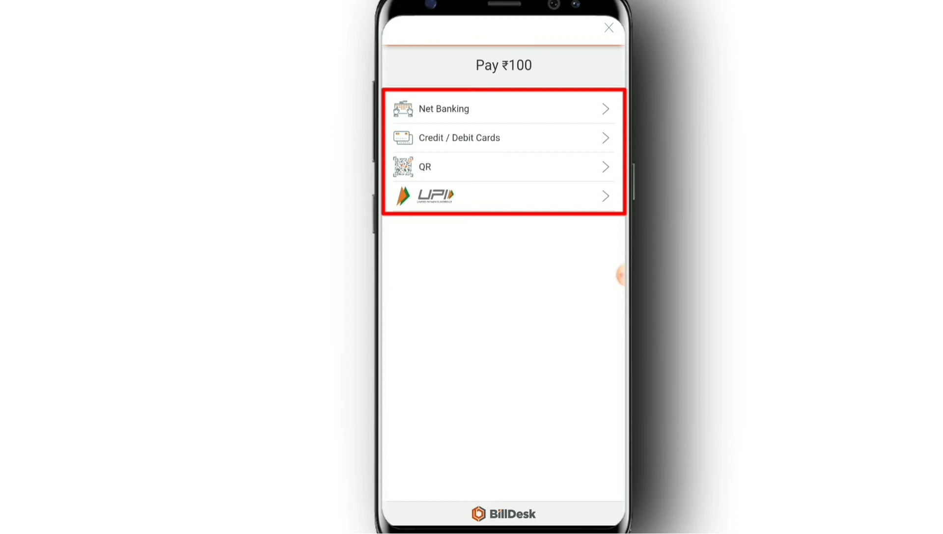 Screenshot showing the various payment options available in the app