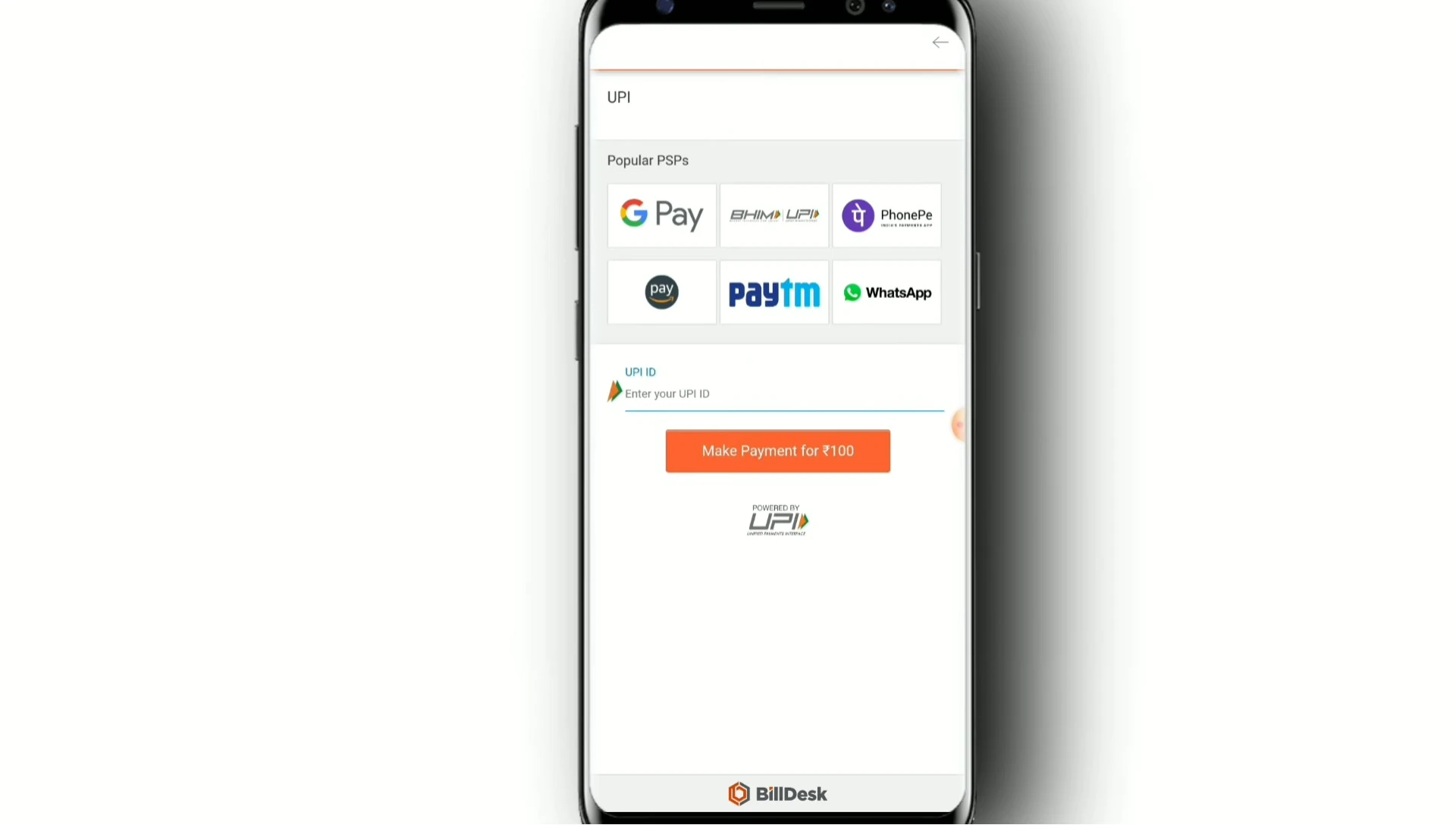 Screenshot showing the UPI payment option selection