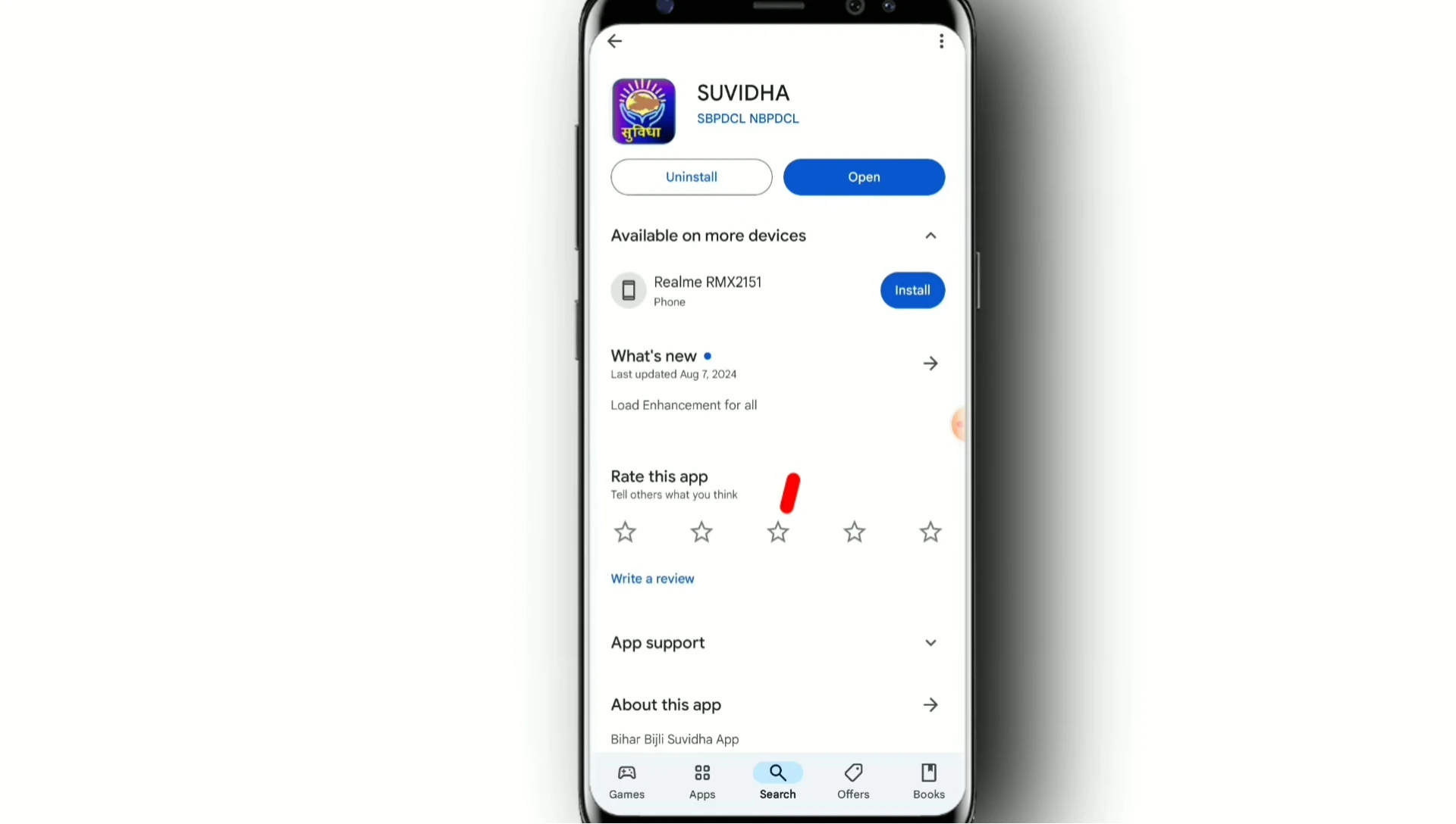 Screenshot of the Suvha Suvidha app opening screen with the 'Open' button highlighted