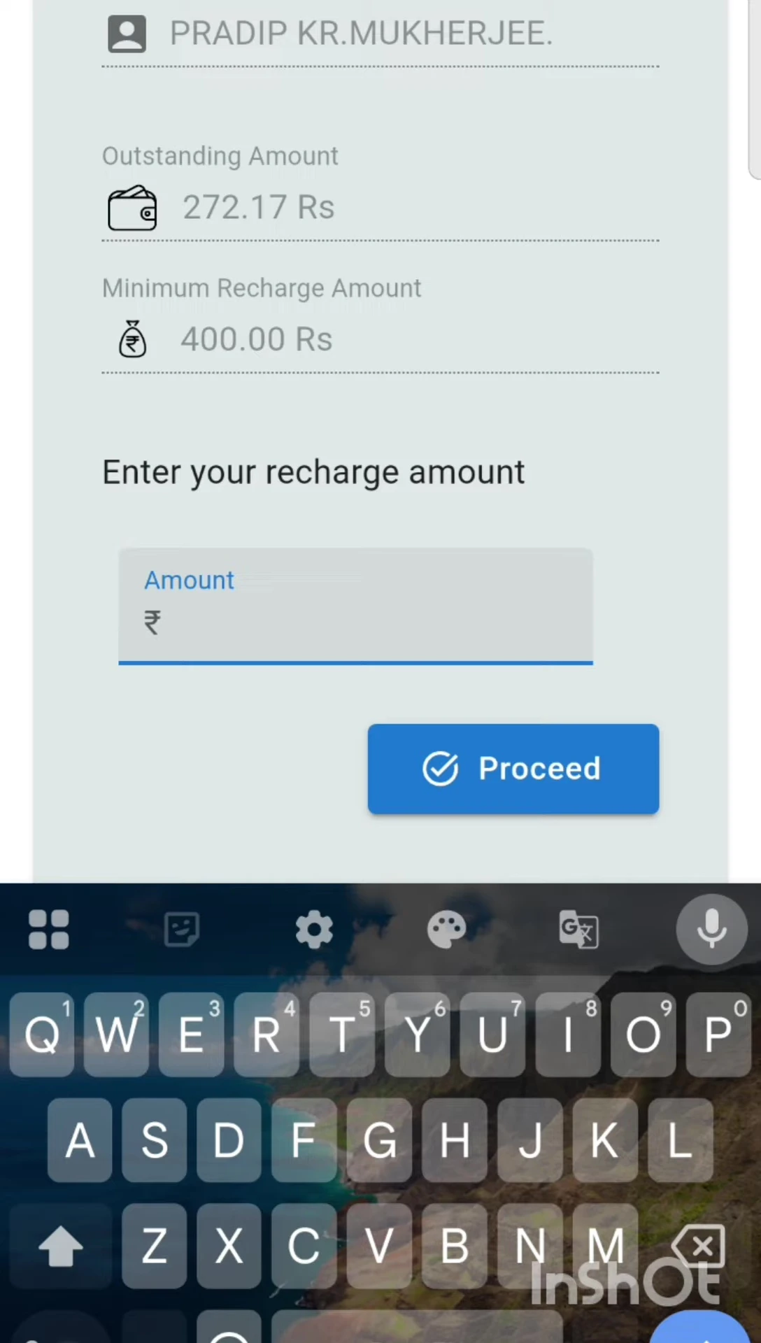 Screenshot displaying the entered recharge amount of 500 rupees