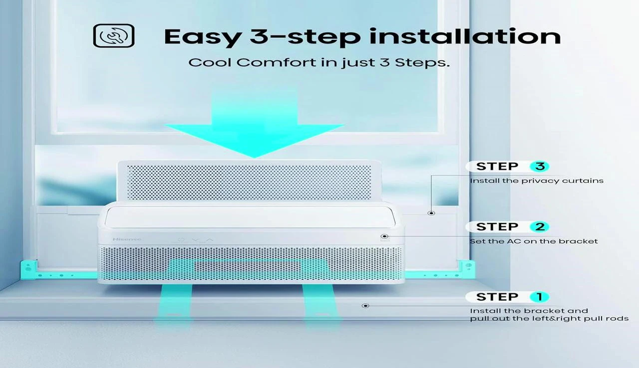 Close-up shot of the Hisense air conditioner, highlighting its sleek design.