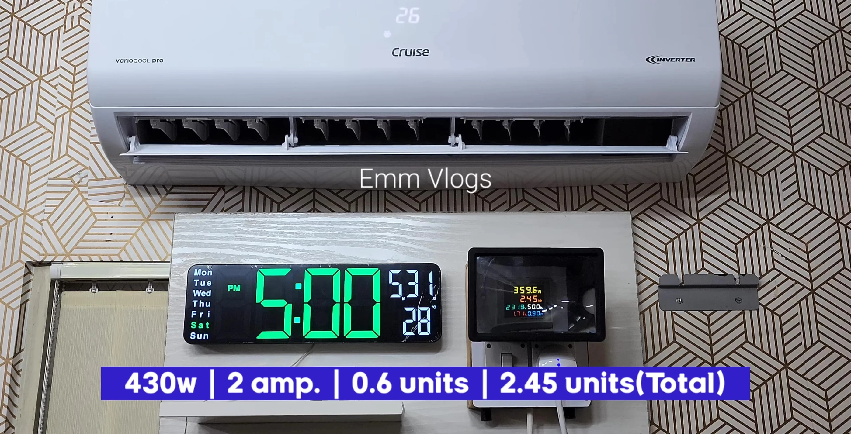 Energy meter display showing consumption at 5:00 PM.
