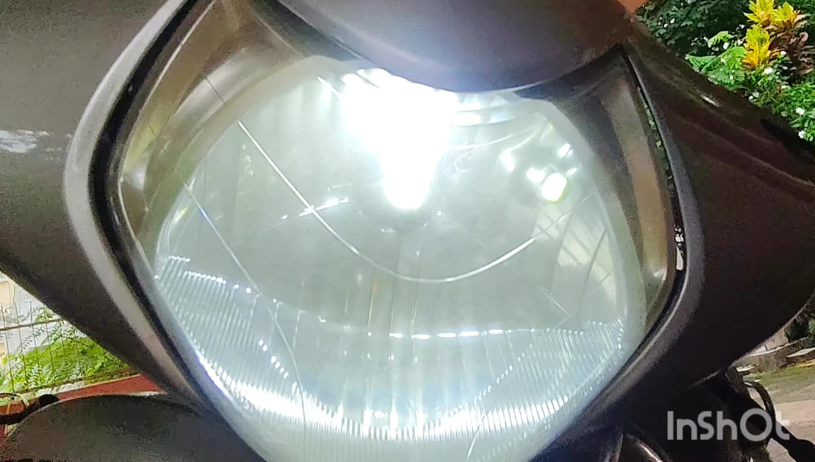 The newly installed LED headlight is illuminated