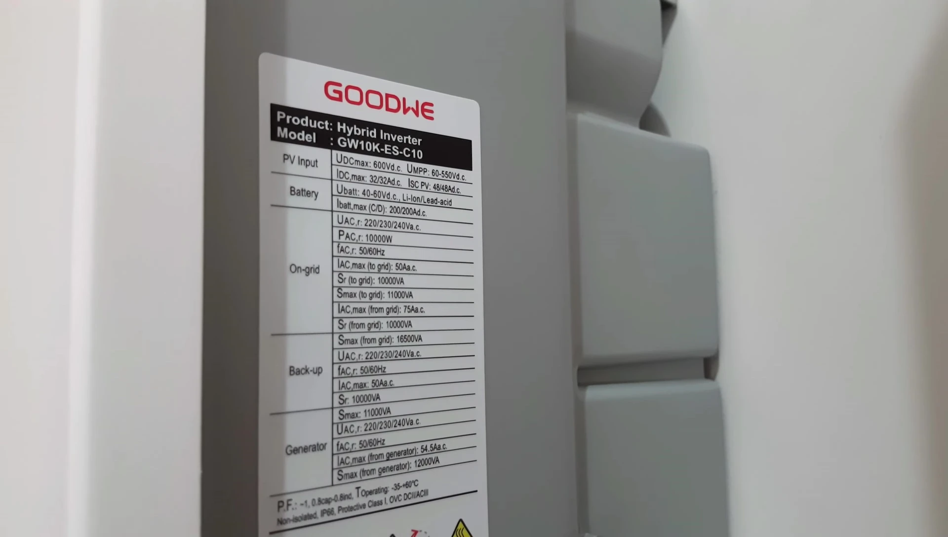Close-up shot of the Goodwe ES Uniq hybrid solar inverter.
