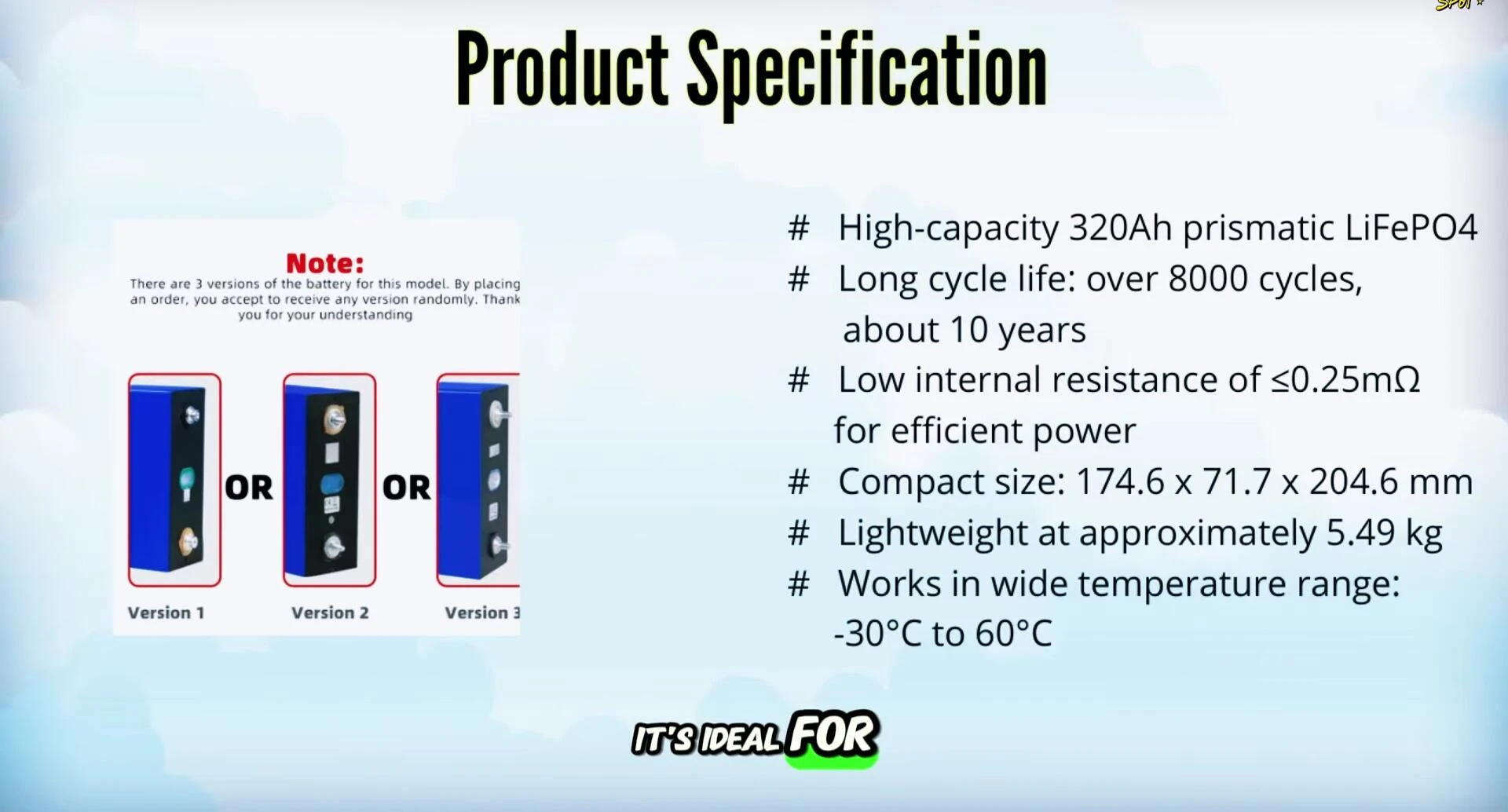 Emphasizing the battery's low internal resistance and compact design