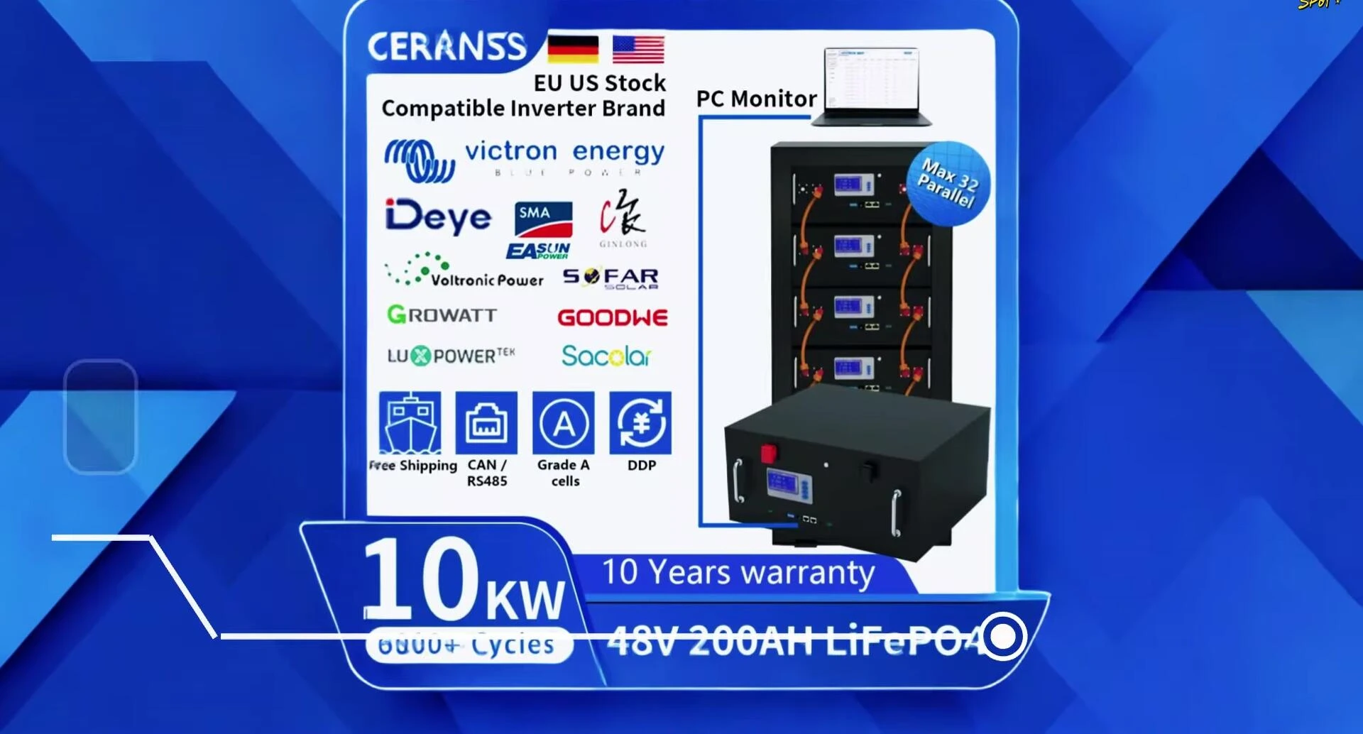 CERN SS 48V 200Ah LiFePO4 battery specifications and features