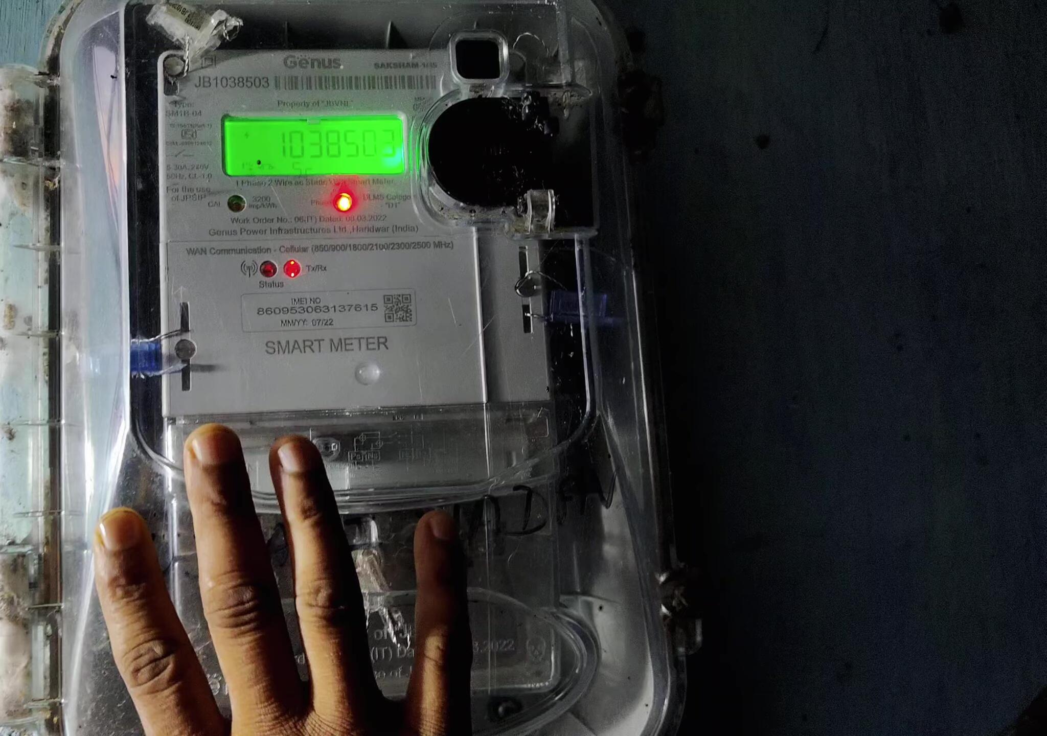 A detailed view of the smart meter's display, highlighting key data points like kWh and peak demand