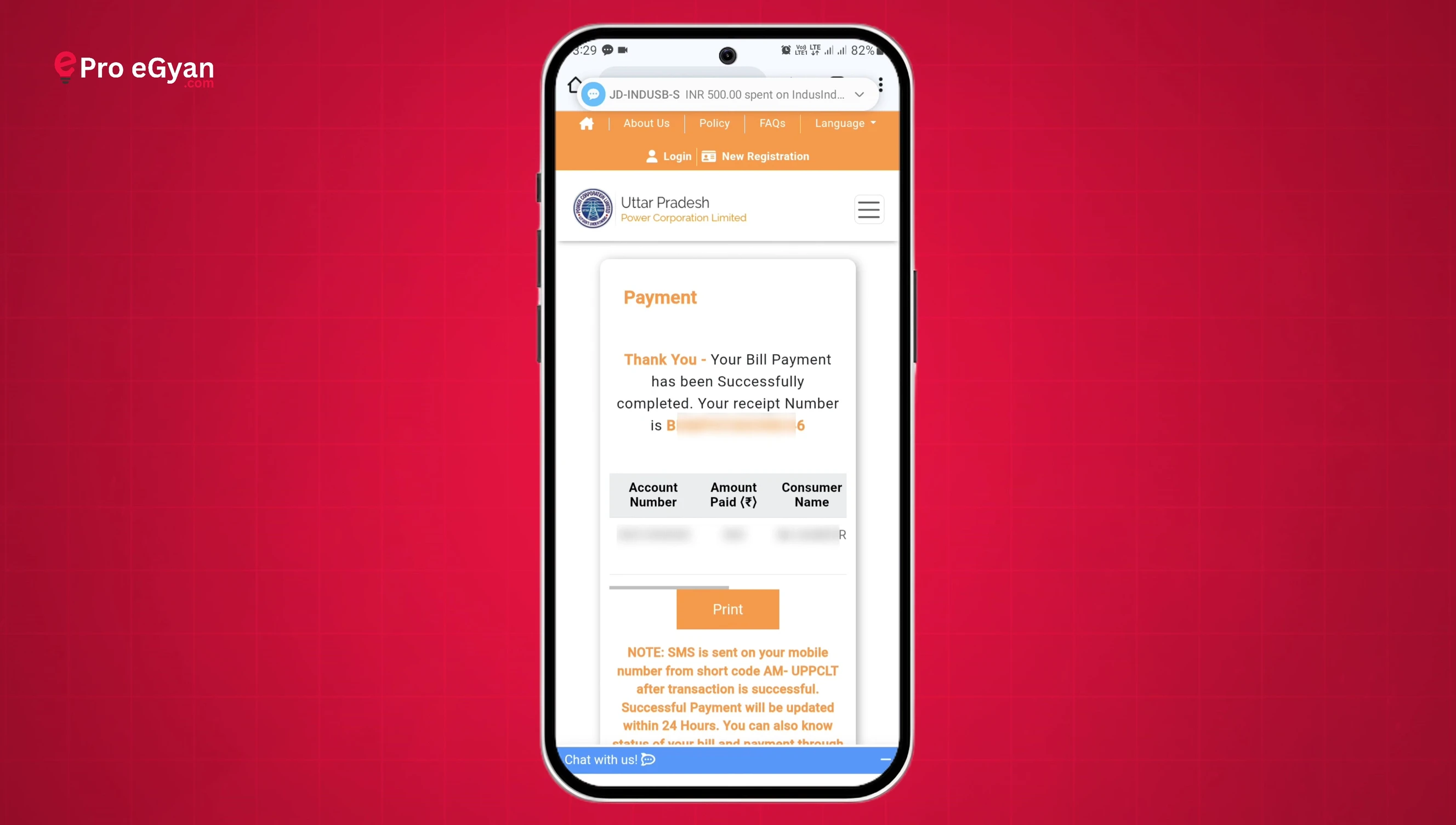 Screenshot showing the payment receipt after successful recharge