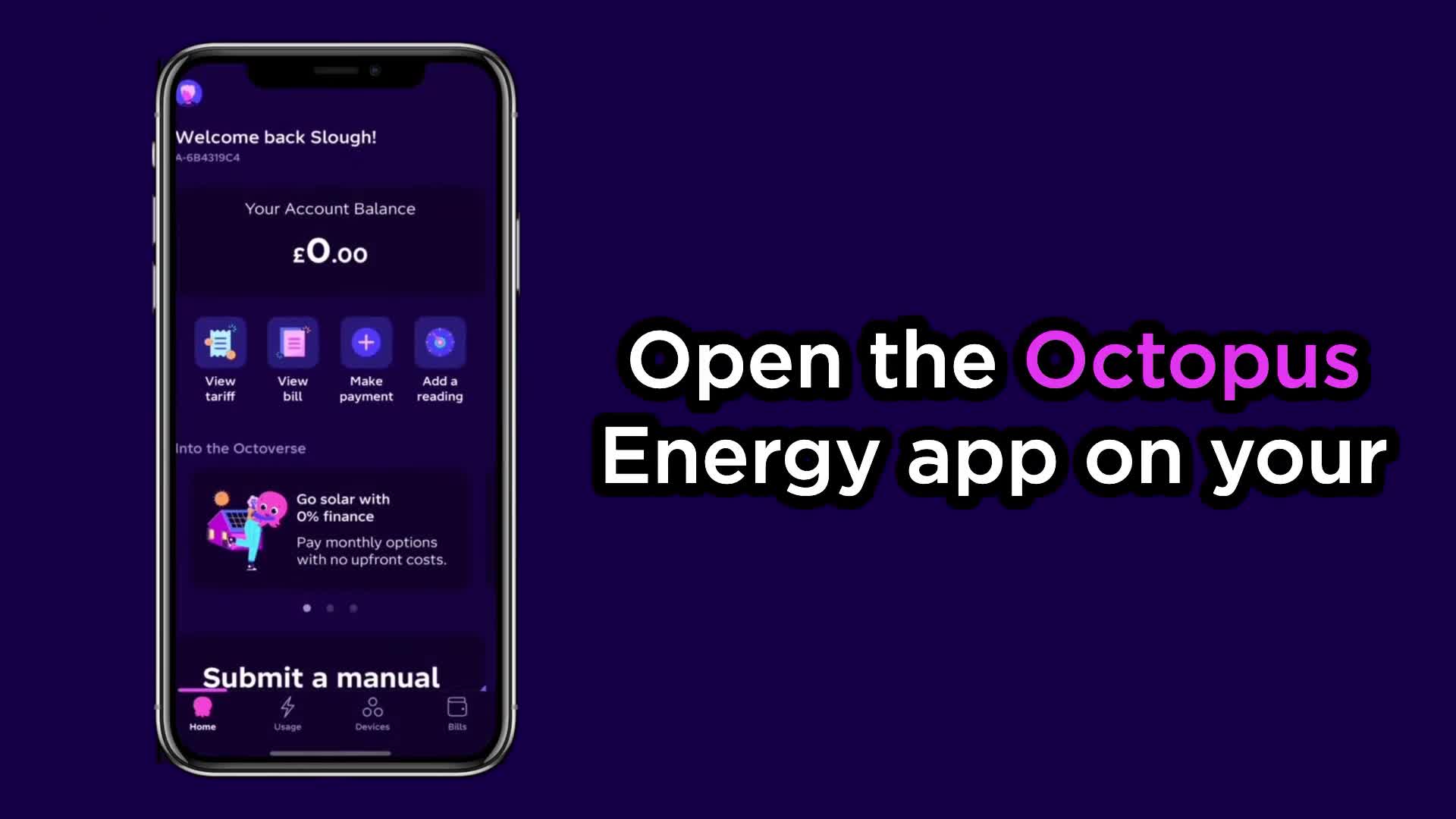 Octopus Energy app home screen showing the devices tab