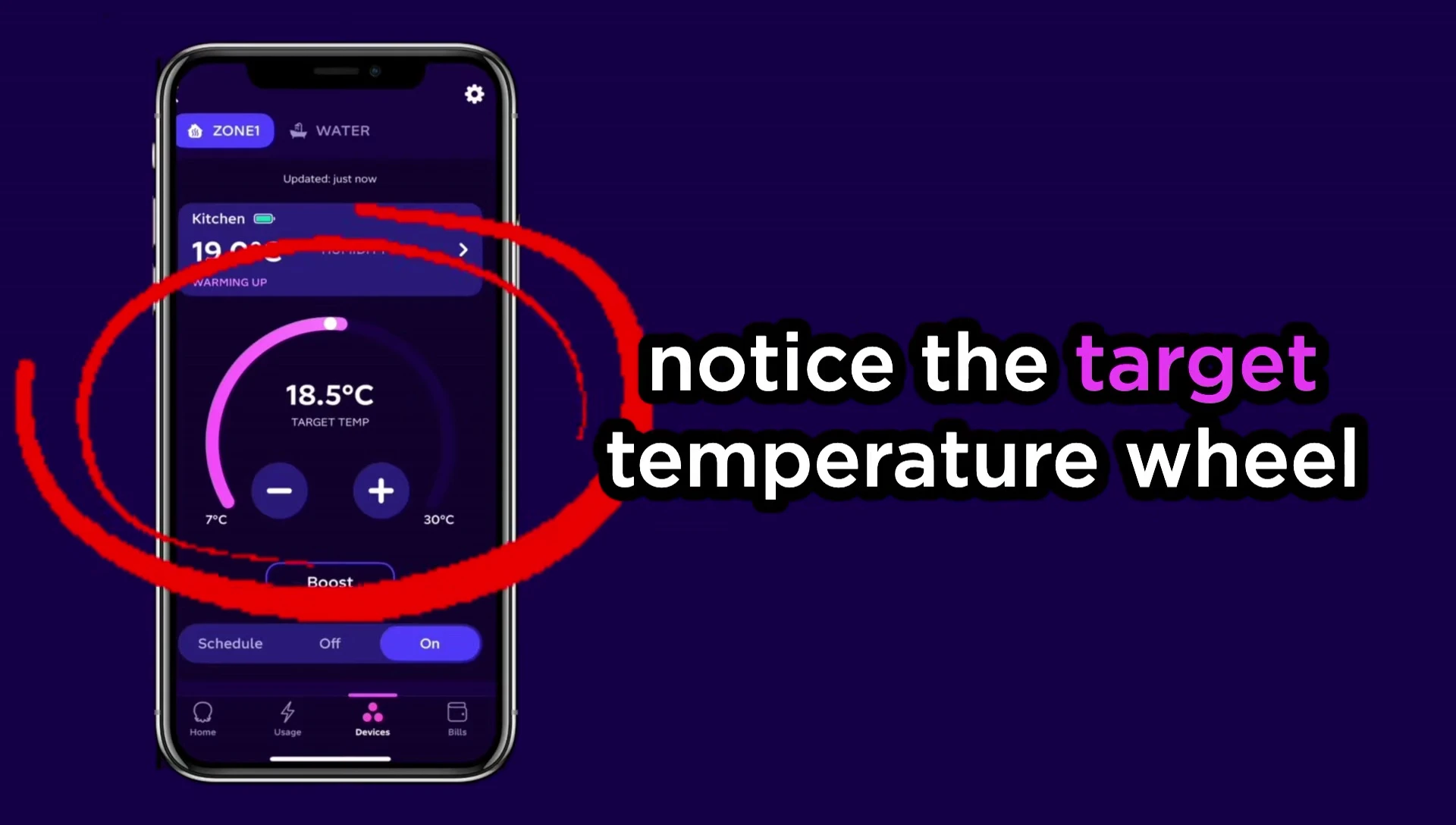 The app's control page displaying the target temperature wheel