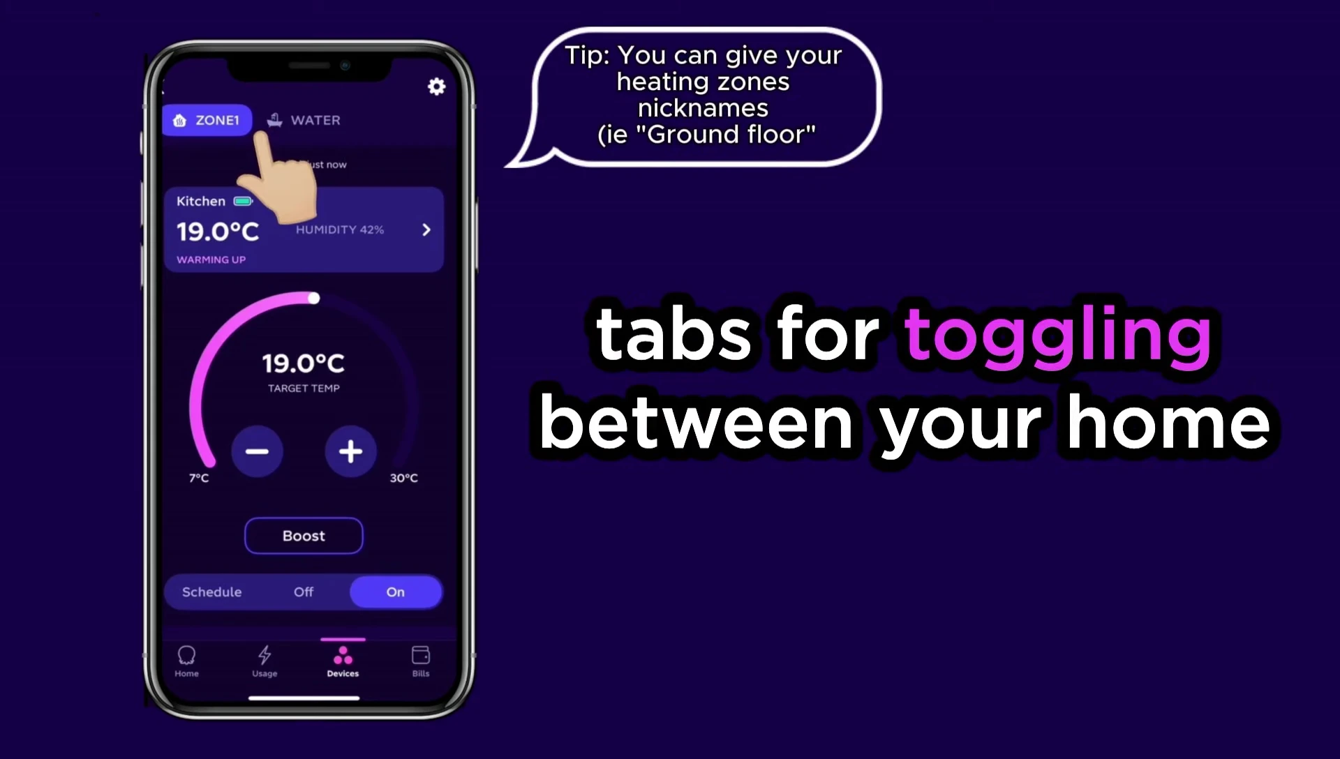 App screen showing tabs for different heating zones