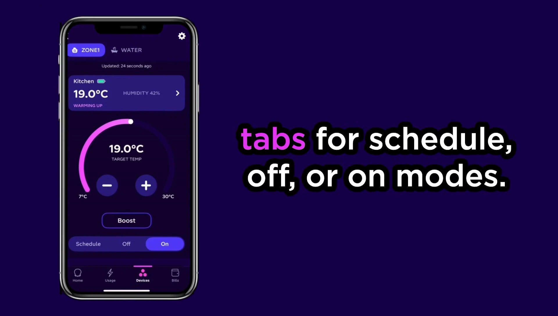App showing the four operating modes: Schedule, Off, On, Boost