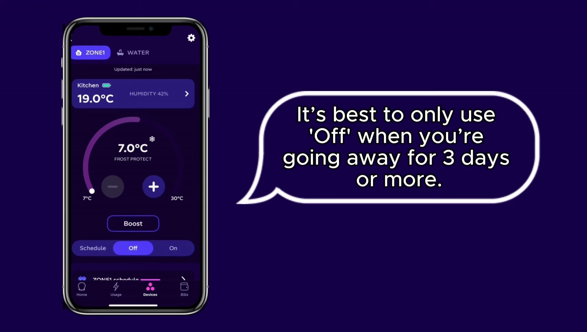App screen showing the 'Off' mode and its protective temperature