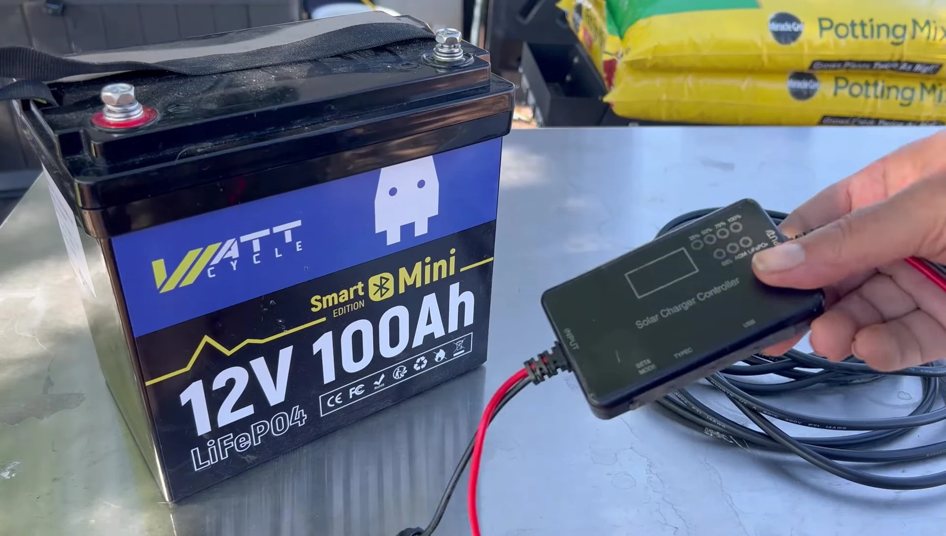 Close-up of the included PWM solar charge controller.