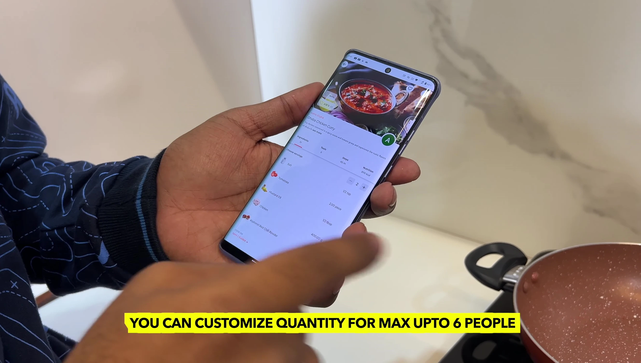 App showing ingredients and tools needed for Dhaba Chicken Curry